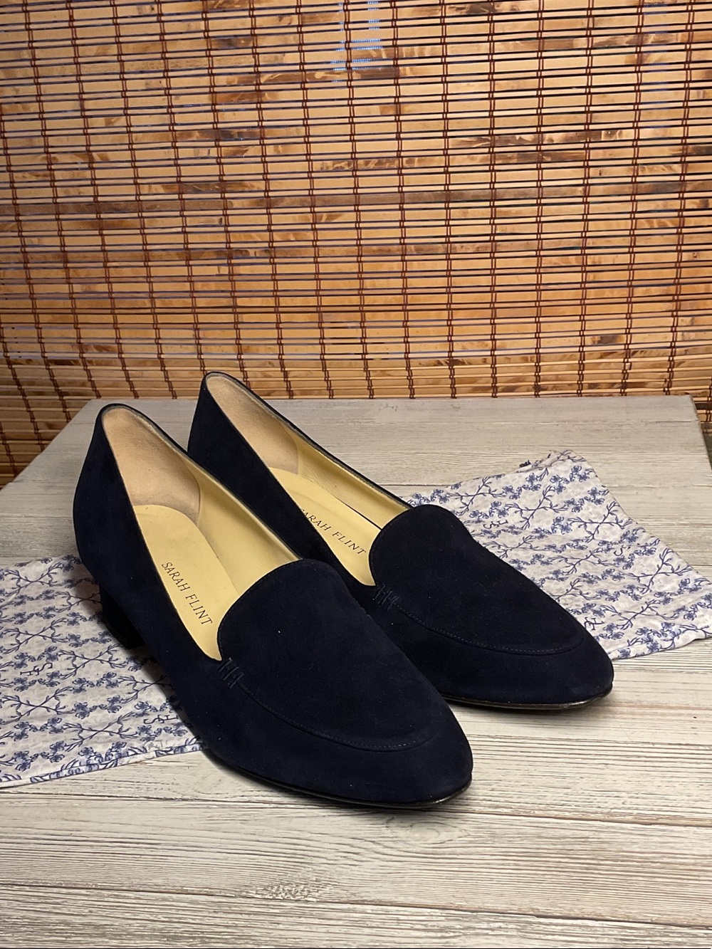 Sarah Flint Navy Suede Rosie Loafers Pumps Hand made in Italy IT 39.5 EUC